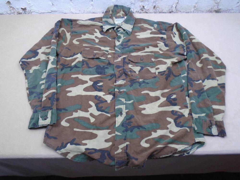 Vintage 80s Five Brothers Camo Button Down Shirt Size L Longsleeve Pockets USA